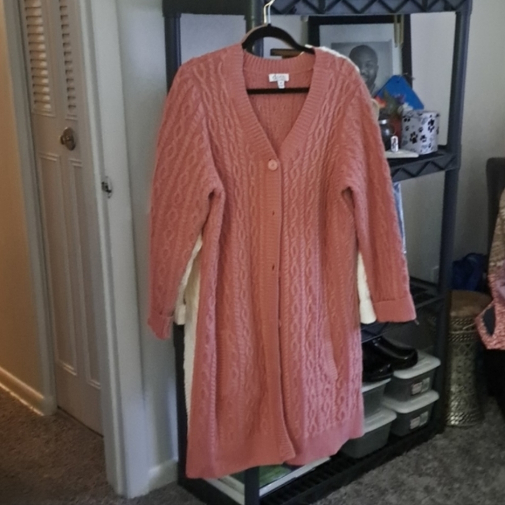 One Rose-colored Denim and Company Cardigan-the cream-colored sweater sold.